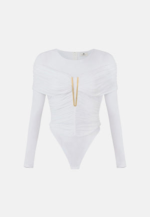 ELISABETTA FRANCHI Body avorio per donna con raffinate maniche lunghe, scollo rotondo e prezioso dettaglio gioiello centrale. BO04267E2 360 ELISABETTA FRANCHI 