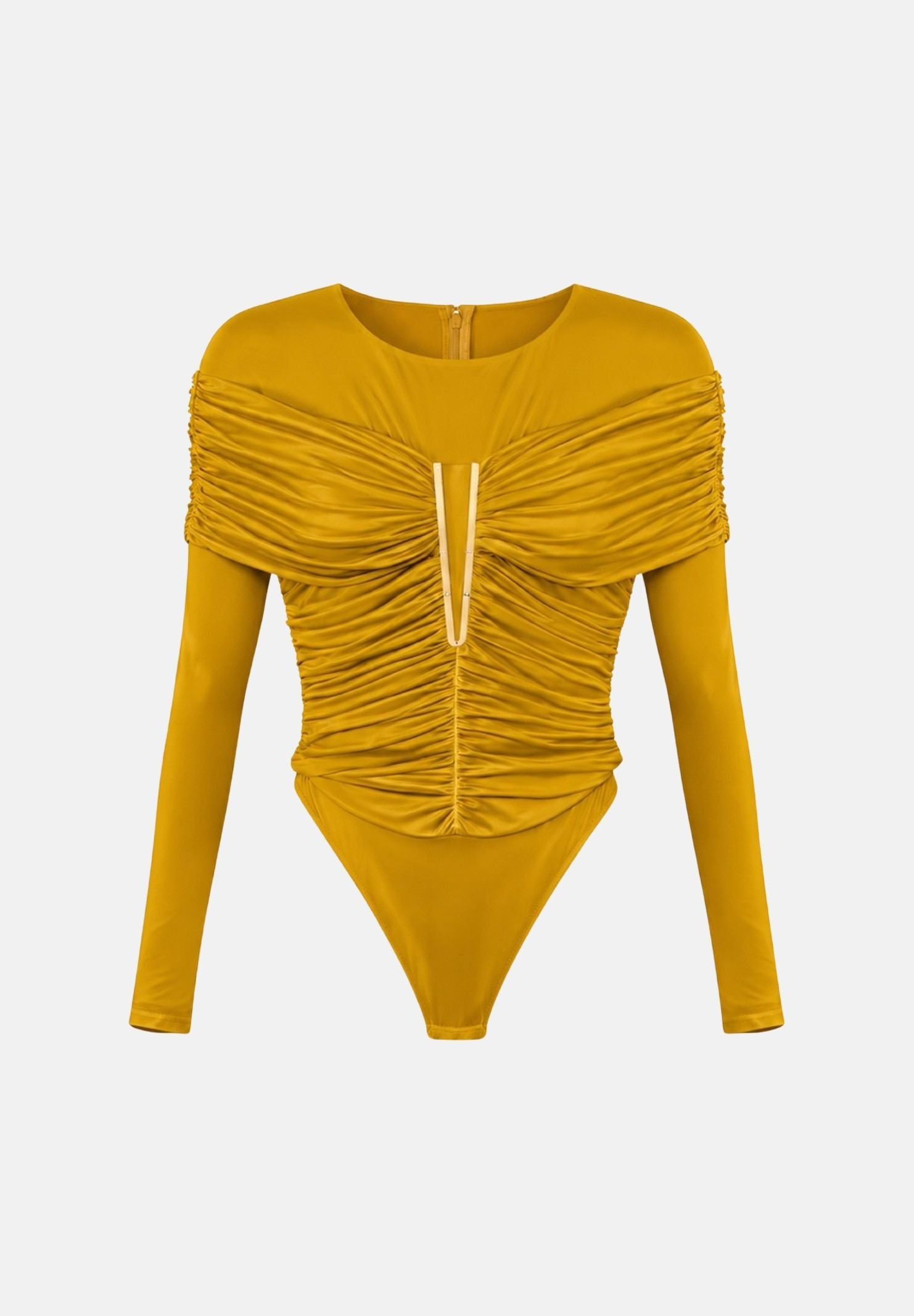ELISABETTA FRANCHI Body ambra-giallo ocra per donna con raffinate maniche lunghe, scollo rotondo e prezioso dettaglio gioiello centrale. BO04267E2 940 ELISABETTA FRANCHI 