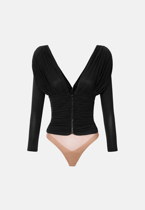 ELISABETTA FRANCHI Body nero da donna con scollo profondo e maniche lunghe drappeggiate BO04367E2 110 ELISABETTA FRANCHI 