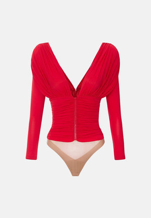ELISABETTA FRANCHI Body rosso da donna con scollo profondo e maniche lunghe drappeggiate BO04367E2 CG5 ELISABETTA FRANCHI 