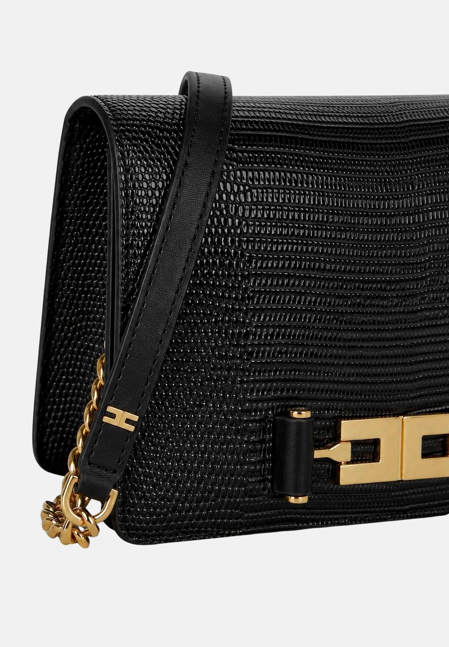 ELISABETTA FRANCHI Borsa a tracolla nera da donna con catena groumette e stampa effetto lucertola<BR/> BS09A66E2 110 ELISABETTA FRANCHI 