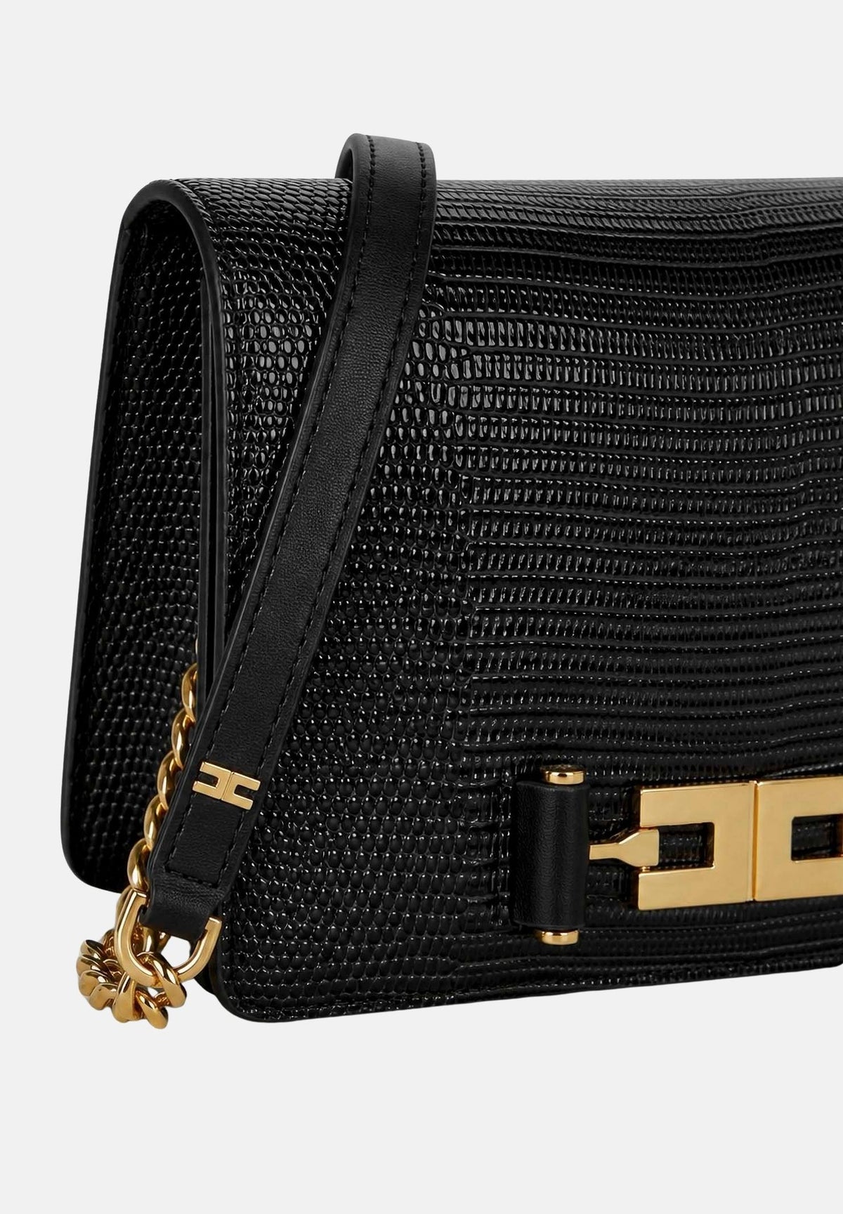 ELISABETTA FRANCHI Borsa a tracolla in eco-pelle nera da donna con catena groumette e stampa effetto lucertola<BR/> BS09A66E2 110 ELISABETTA FRANCHI 