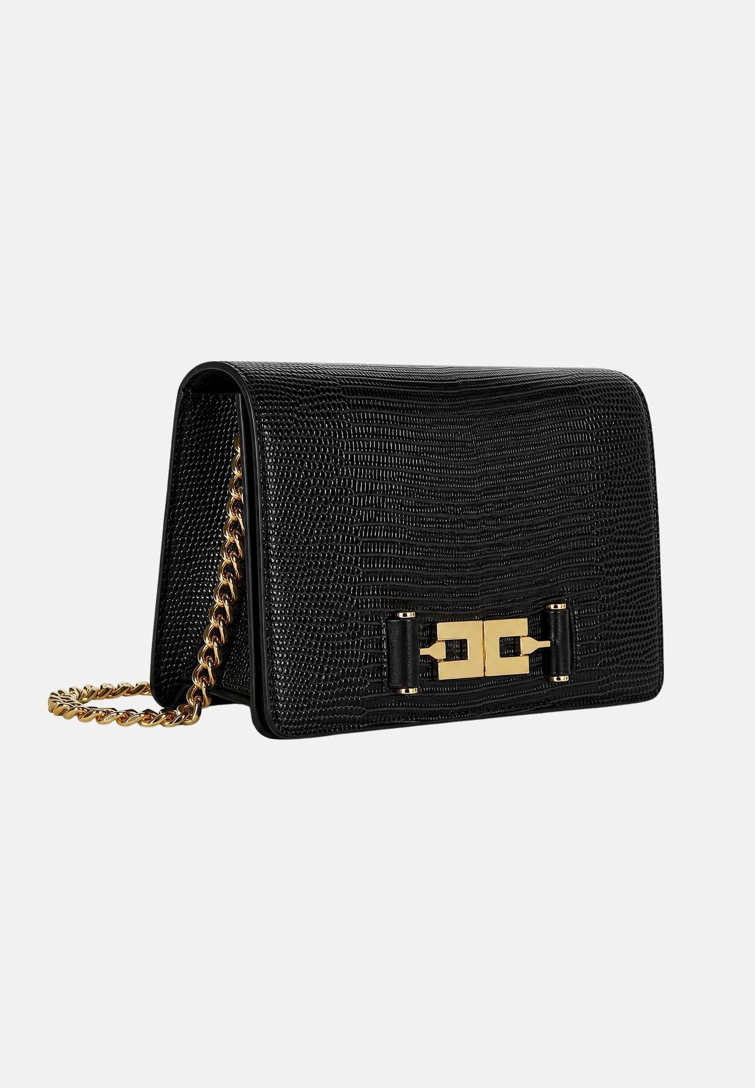 ELISABETTA FRANCHI Borsa a tracolla nera da donna con catena groumette e stampa effetto lucertola<BR/> BS09A66E2 110 ELISABETTA FRANCHI 