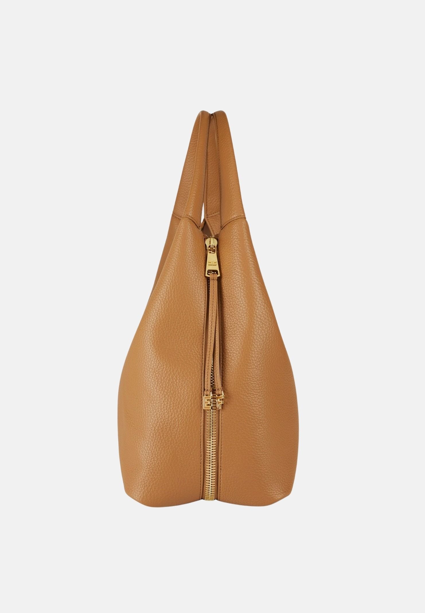 ELISABETTA FRANCHI Borsa HOBO a spalla daino-cuoio, da donna con zip laterali e charms logo pendenti.<BR/> BS23A66E2 AI6 ELISABETTA FRANCHI 