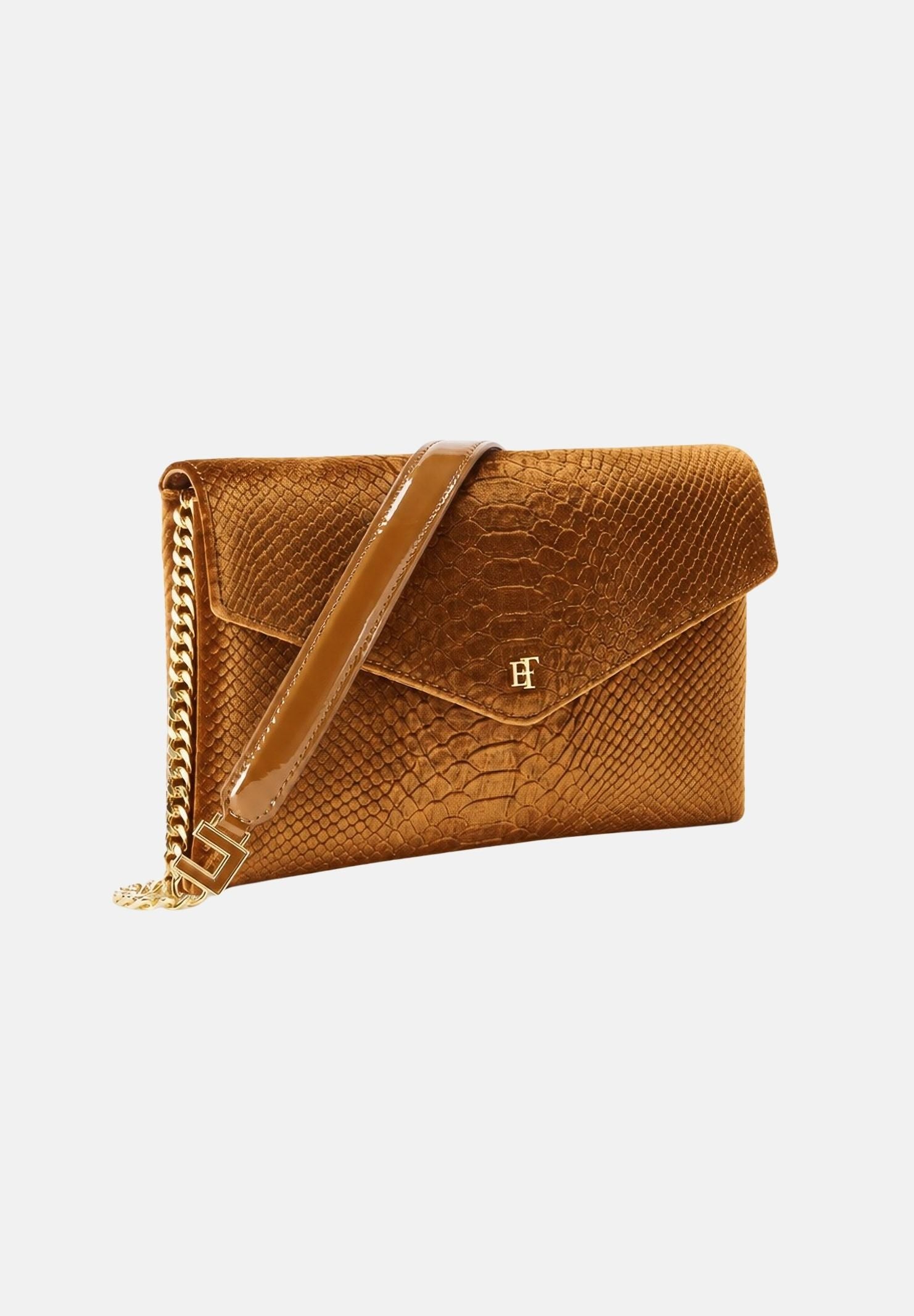 ELISABETTA FRANCHI Pochette a mano ambra-giallo ocra da donna con stampa cocco, catena groumette e finiture in vernice. BS27A67E2 940 ELISABETTA FRANCHI 