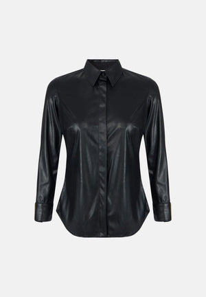 ELISABETTA FRANCHI Camicia effetto pelle nero da donna con placche logo<BR/> CA19566E2 110 ELISABETTA FRANCHI 