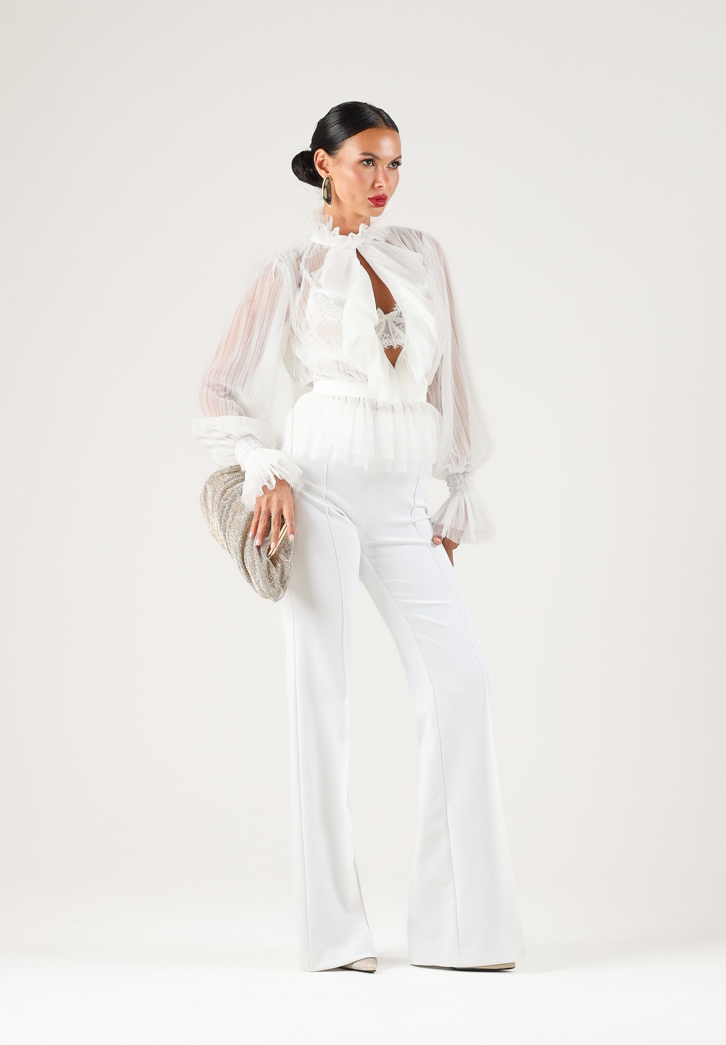 ELISABETTA FRANCHI Camicia in CRÊPON avorio da donna con ruches e maniche a palloncino<BR/> CA20467E2 360 ELISABETTA FRANCHI 