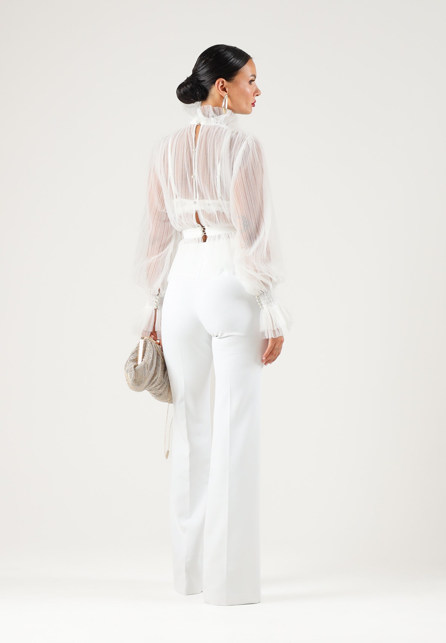 ELISABETTA FRANCHI Camicia in CRÊPON avorio da donna con ruches e maniche a palloncino<BR/> CA20467E2 360 ELISABETTA FRANCHI 