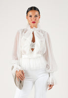 ELISABETTA FRANCHI Camicia in CRÊPON avorio da donna con ruches e maniche a palloncino<BR/> CA20467E2 360 ELISABETTA FRANCHI 