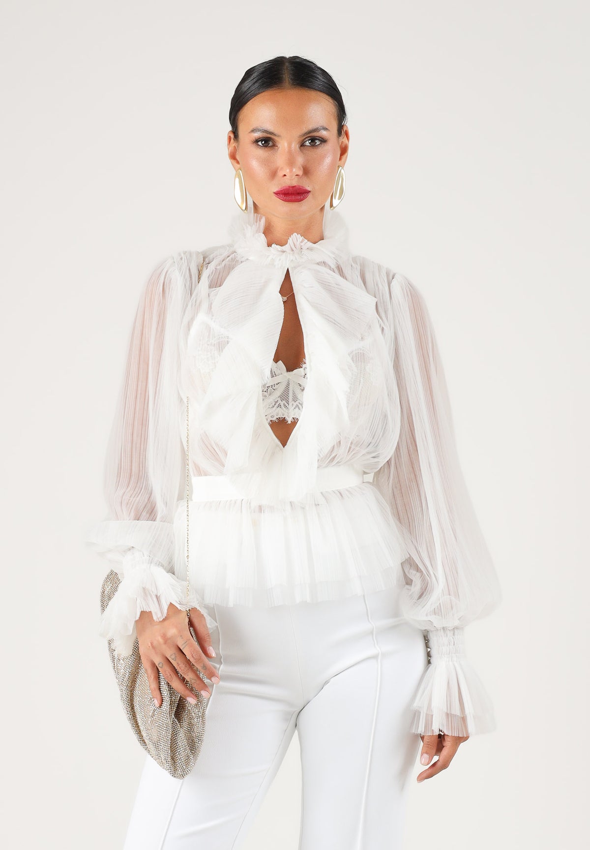 ELISABETTA FRANCHI Camicia in CRÊPON avorio da donna con ruches e maniche a palloncino<BR/> CA20467E2 360 ELISABETTA FRANCHI 