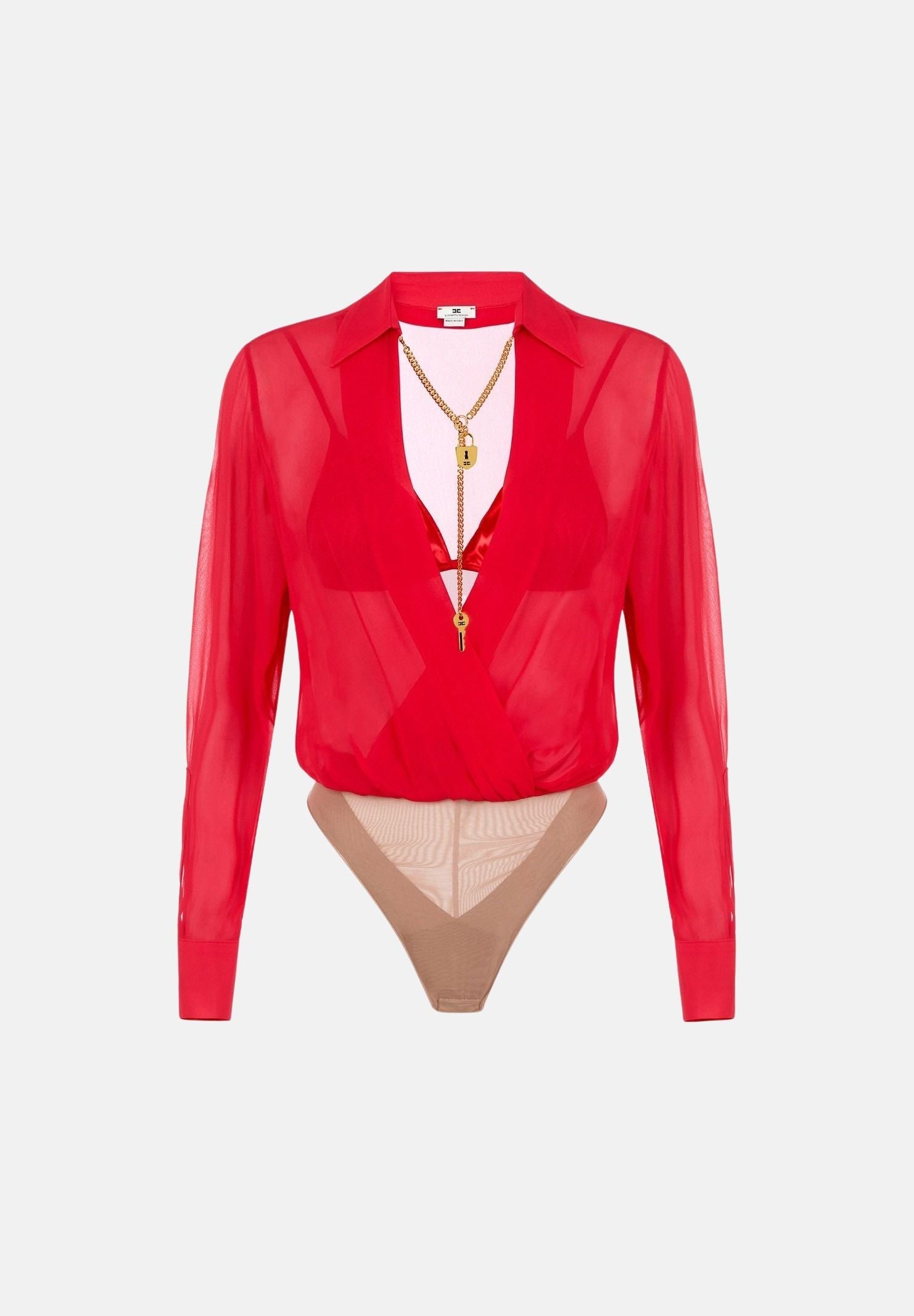 ELISABETTA FRANCHI Body  in GEORGETTE  Red Passion, rosso da donna con catena gioiello CB00966E2 CG5 ELISABETTA FRANCHI 