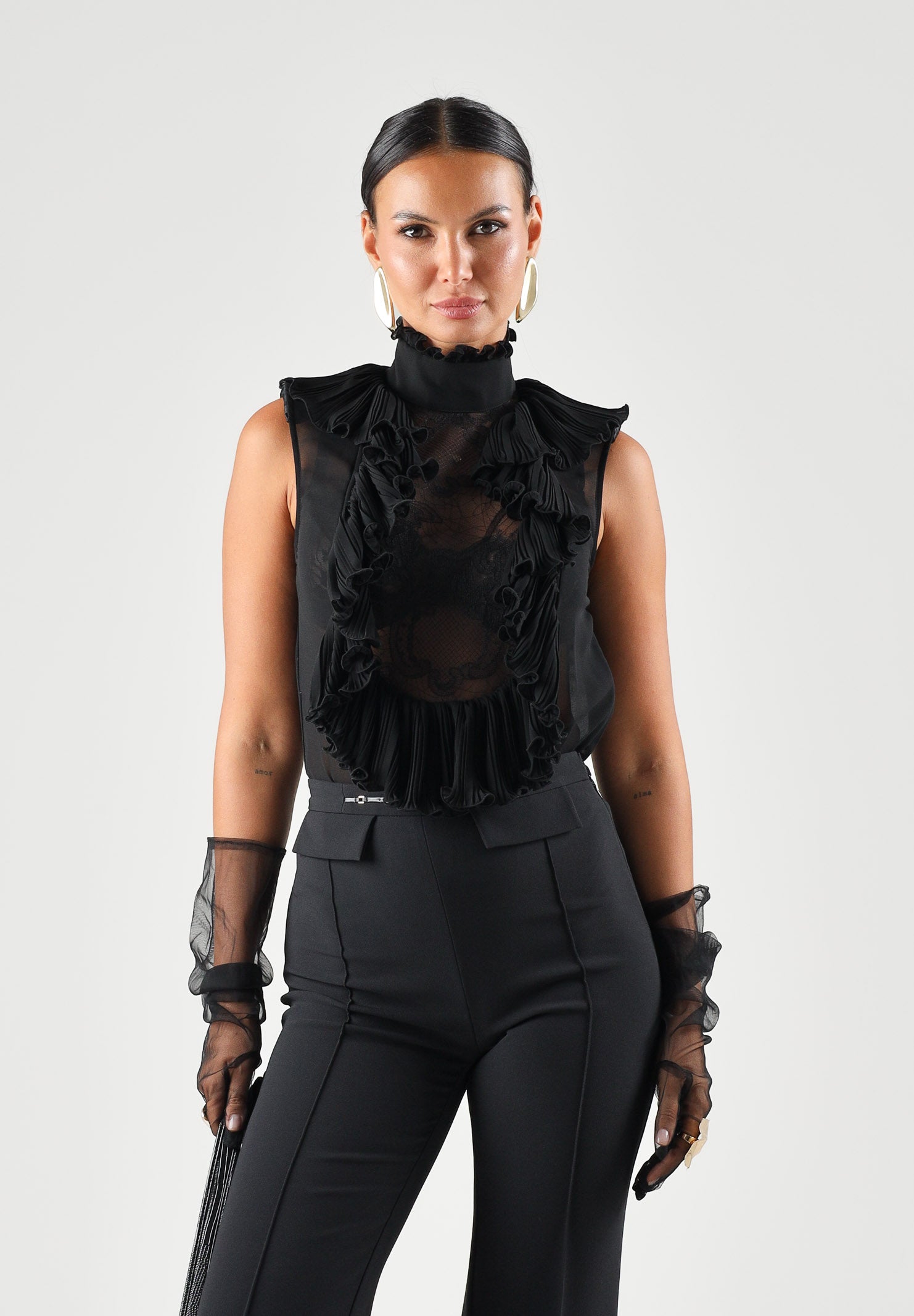 ELISABETTA FRANCHI Body smanicato nero per donna con raffinati inserti in pizzo trasparente e colletto alto CB01067E2 110 ELISABETTA FRANCHI 