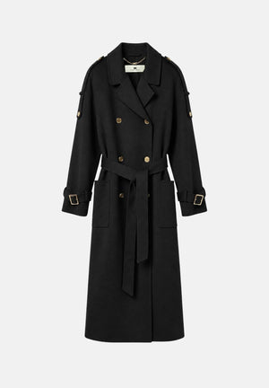 ELISABETTA FRANCHI Cappotto lungo nero da donna con cintura in vita e bottoni dorati a doppio petto CP02D66E2 110 ELISABETTA FRANCHI 