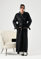 ELISABETTA FRANCHI Cappotto lungo nero da donna con cintura in vita e bottoni dorati a doppio petto CP02D66E2 110 ELISABETTA FRANCHI 