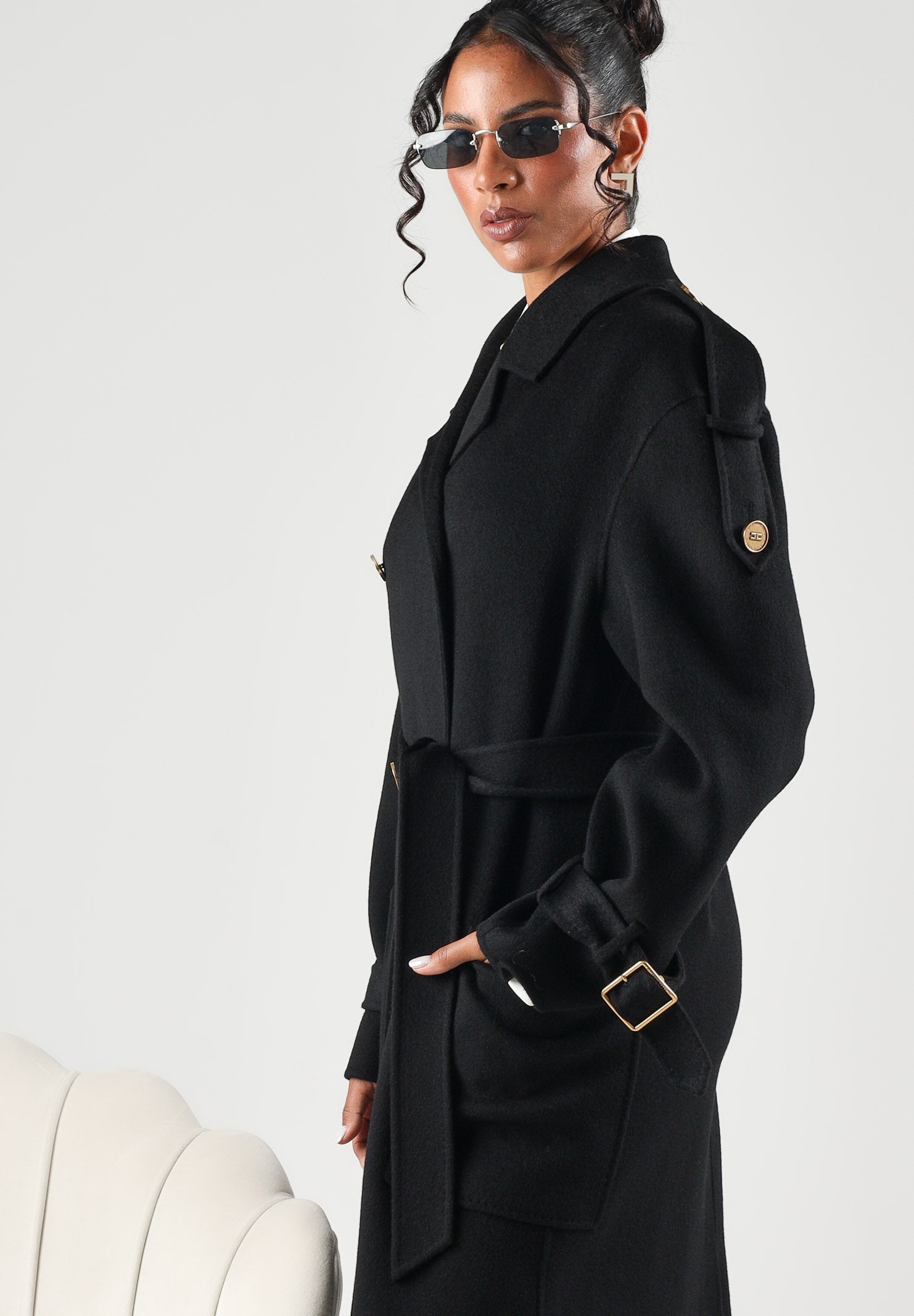 ELISABETTA FRANCHI Cappotto lungo nero da donna con cintura in vita e bottoni dorati a doppio petto CP02D66E2 110 ELISABETTA FRANCHI 