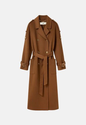 ELISABETTA FRANCHI Cappotto lungo sigaro-marrone per donna con cintura in vita e chiusura doppiopetto. CP02D66E2 FK3 ELISABETTA FRANCHI 