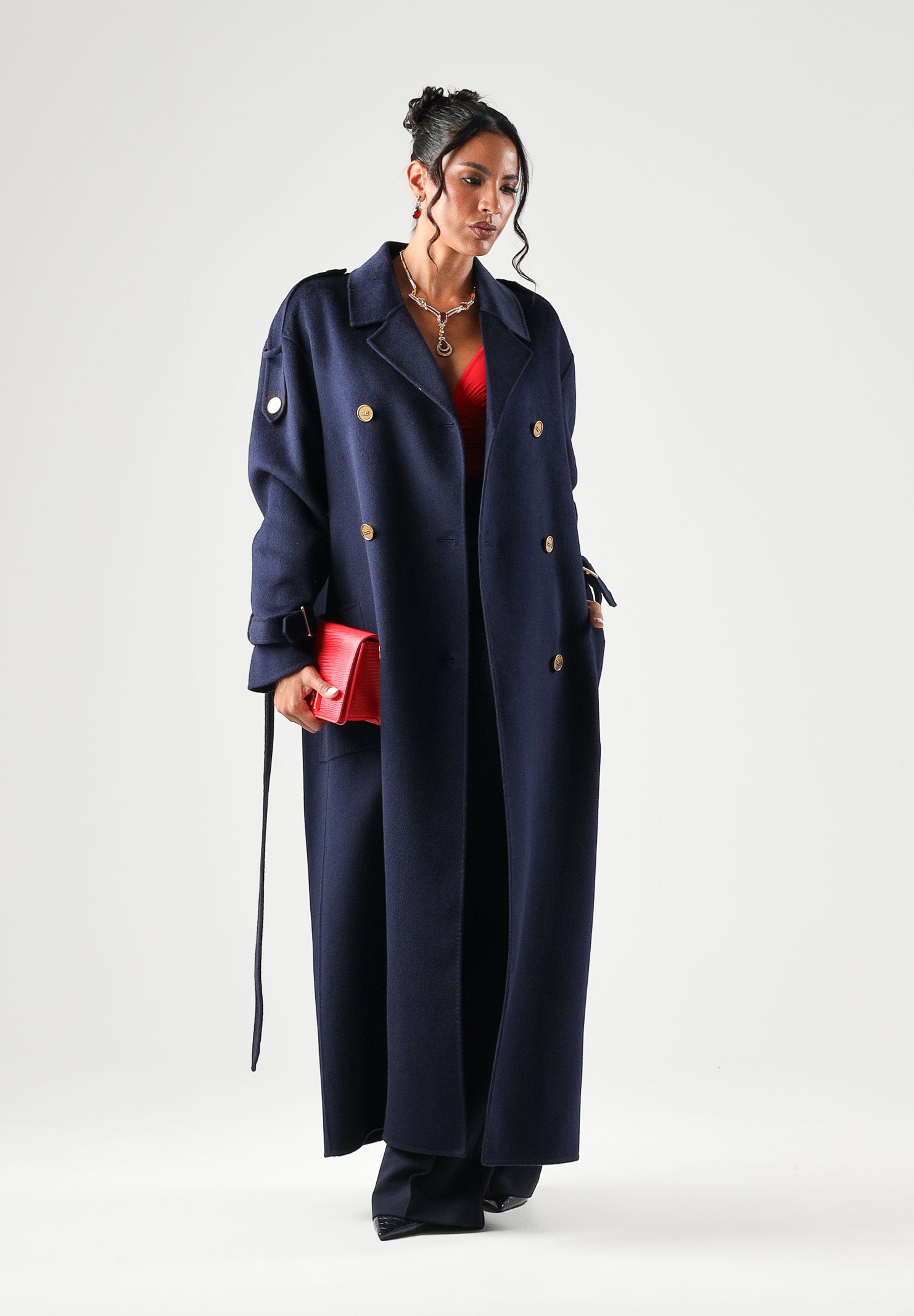 ELISABETTA FRANCHI Cappotto lungo  blu da donna con cintura in vita e bottoni dorati a doppio petto CP02D66E2 H88 ELISABETTA FRANCHI 