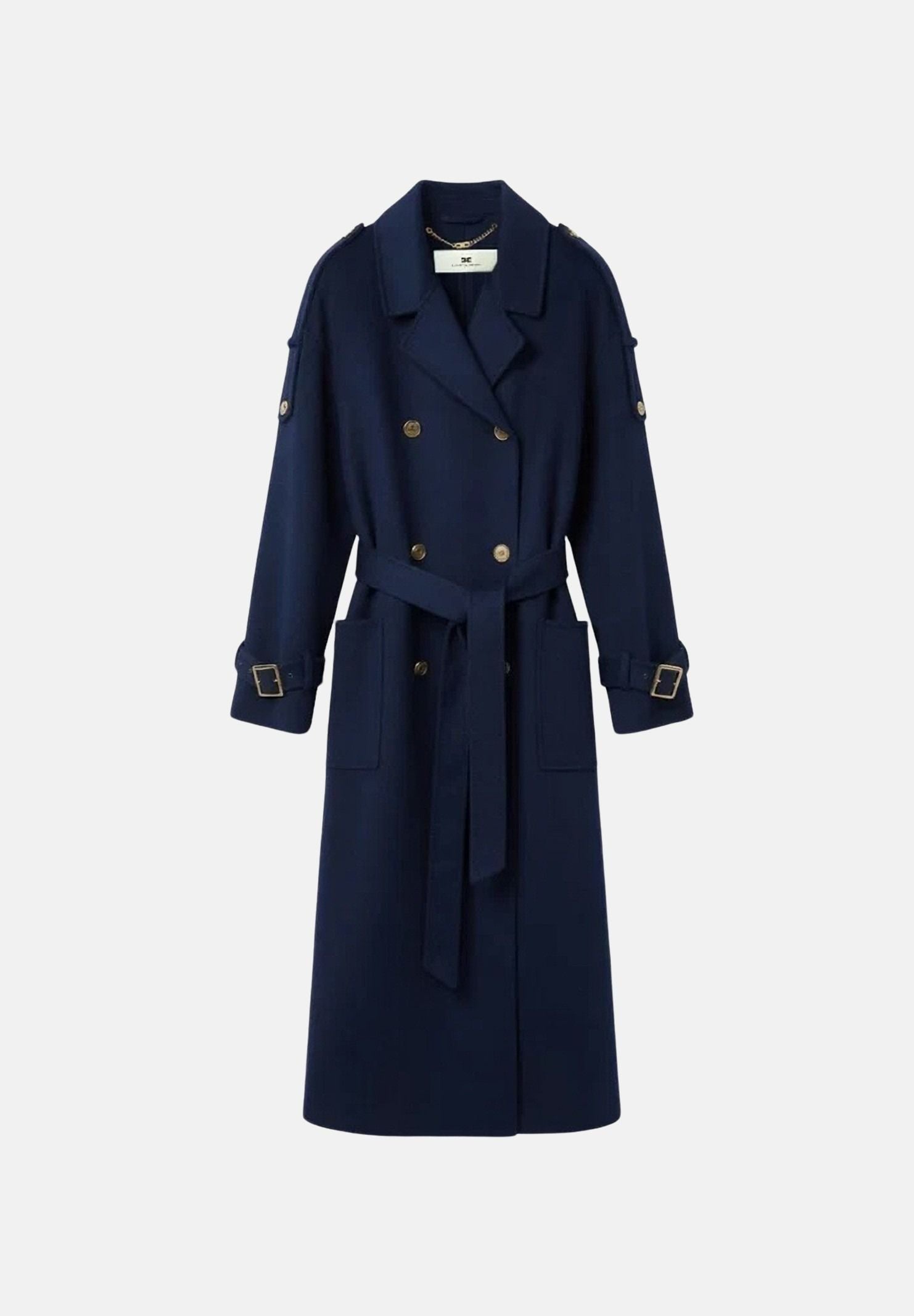 ELISABETTA FRANCHI Cappotto lungo  blu da donna con cintura in vita e bottoni dorati a doppio petto CP02D66E2 H88 ELISABETTA FRANCHI 