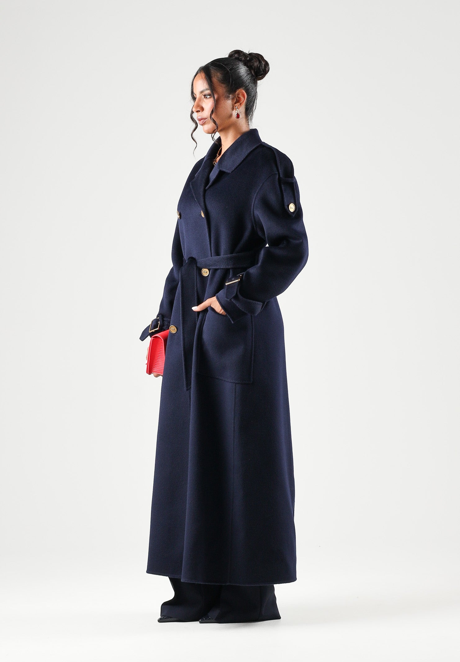 ELISABETTA FRANCHI Cappotto lungo  blu da donna con cintura in vita e bottoni dorati a doppio petto CP02D66E2 H88 ELISABETTA FRANCHI 