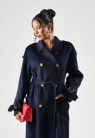 ELISABETTA FRANCHI Cappotto lungo  blu da donna con cintura in vita e bottoni dorati a doppio petto CP02D66E2 H88 ELISABETTA FRANCHI 