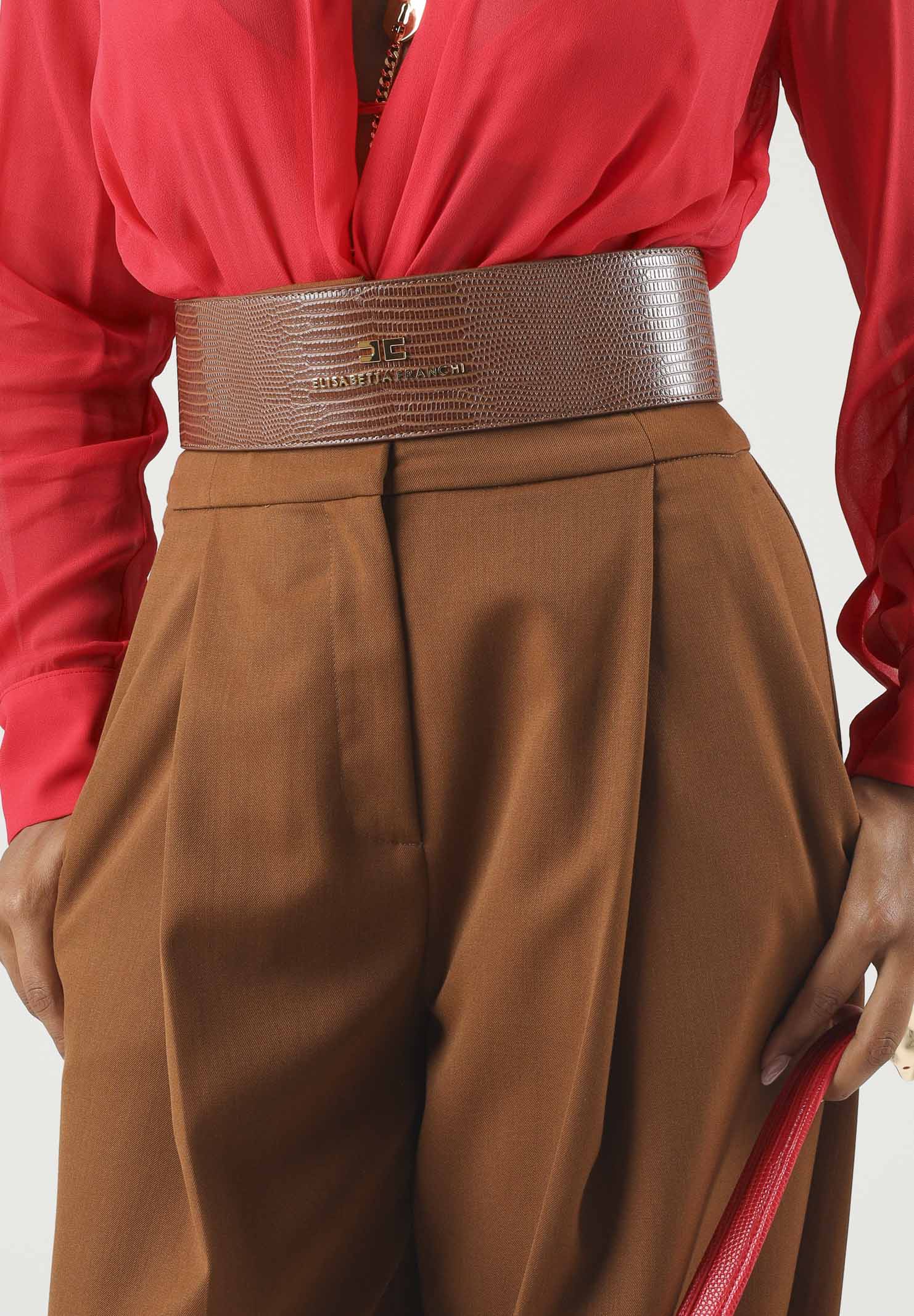 ELISABETTA FRANCHI Cintura alta in pelle sigaro-marrone da donna con lavorazione testurizzata e dettaglio logo CT29S66E2 FK3 ELISABETTA FRANCHI 