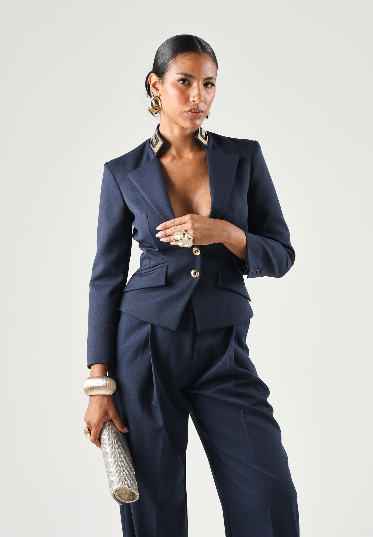 ELISABETTA FRANCHI Giacca in GAMBARDINA navy blu da donna con placca dorata. GI24966E2 B75 ELISABETTA FRANCHI 