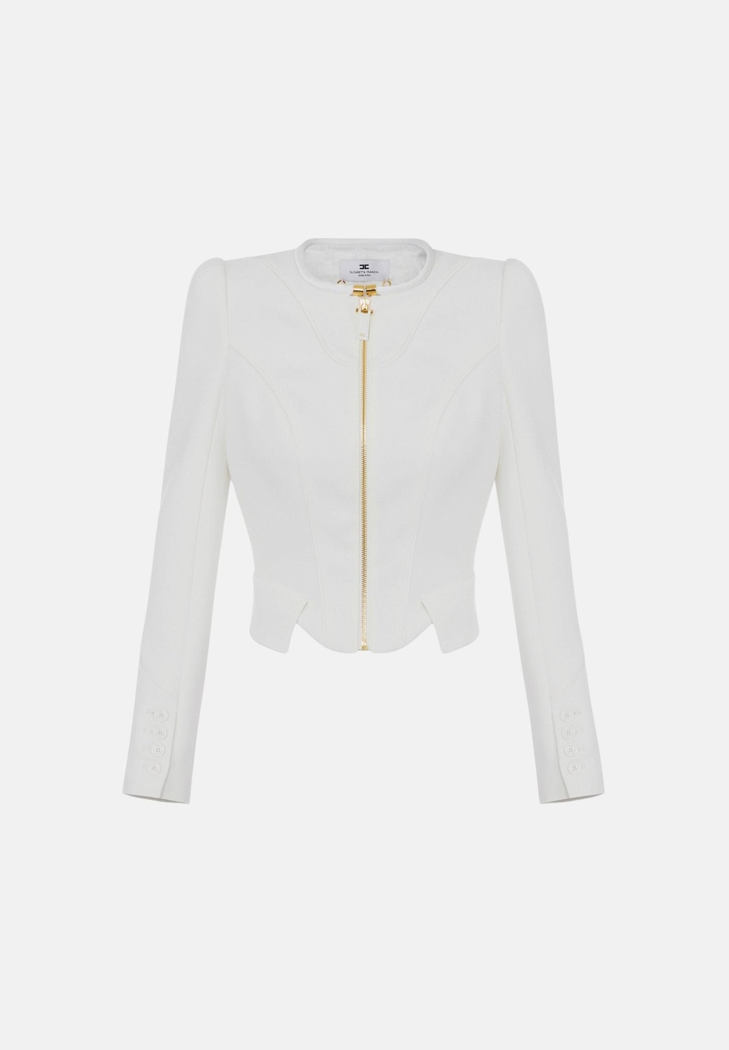 ELISABETTA FRANCHI Giacca avorio per donna con scollo a V, zip frontale dorata e design strutturato con spalline. GI25167E2 360 ELISABETTA FRANCHI 