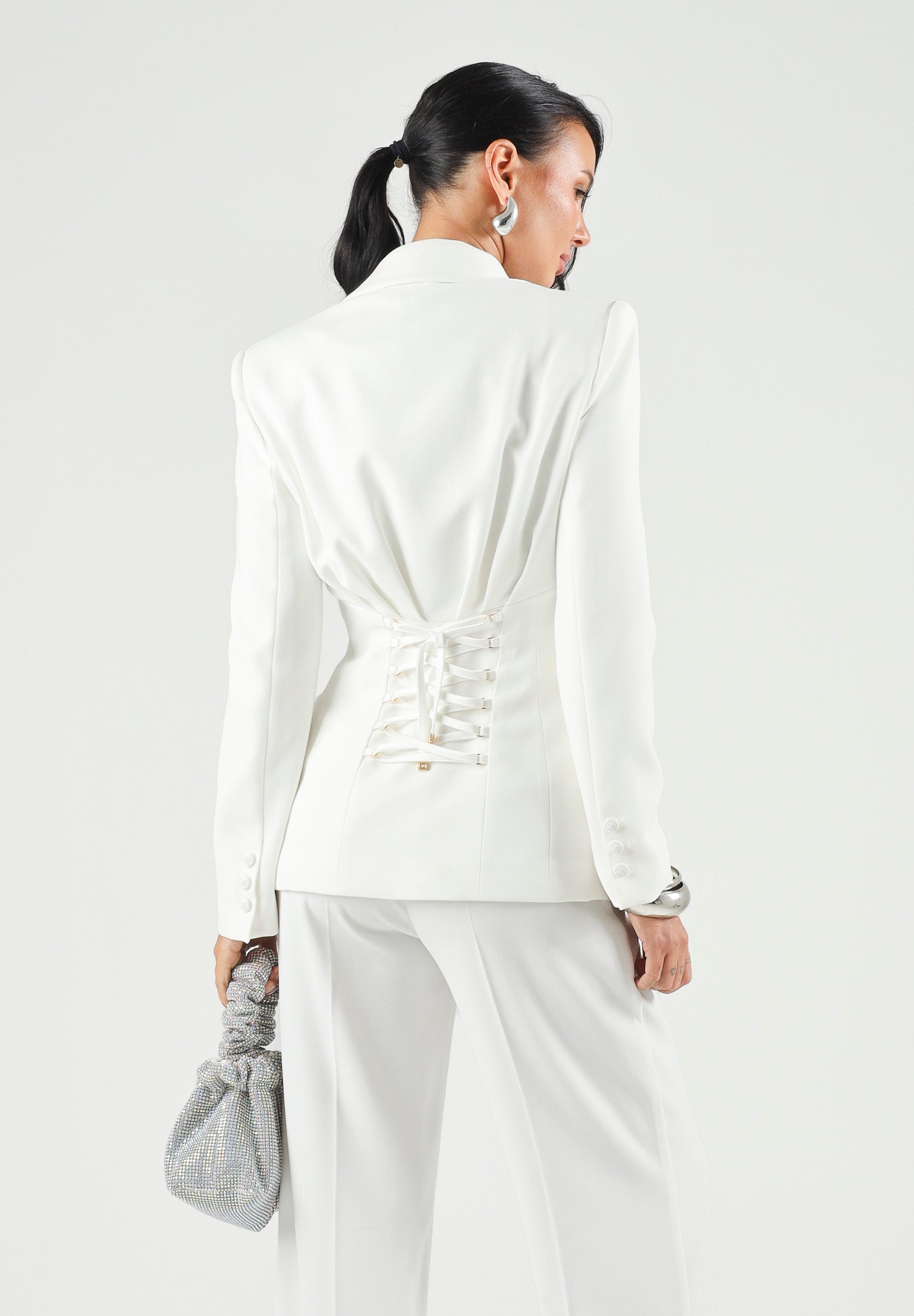 ELISABETTA FRANCHI Giacca avorio-bianca da donna con retro corsetto a lacci incrociati. GI27366E2 360 ELISABETTA FRANCHI 