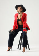 ELISABETTA FRANCHI Giacca IN CRÊPE monopetto red passion rosso da donna con dettaglio criss-cross sul retro.<BR/> GI27366E2 CG5 ELISABETTA FRANCHI 