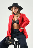 ELISABETTA FRANCHI Giacca IN CRÊPE monopetto red passion rosso da donna con dettaglio criss-cross sul retro.<BR/> GI27366E2 CG5 ELISABETTA FRANCHI 