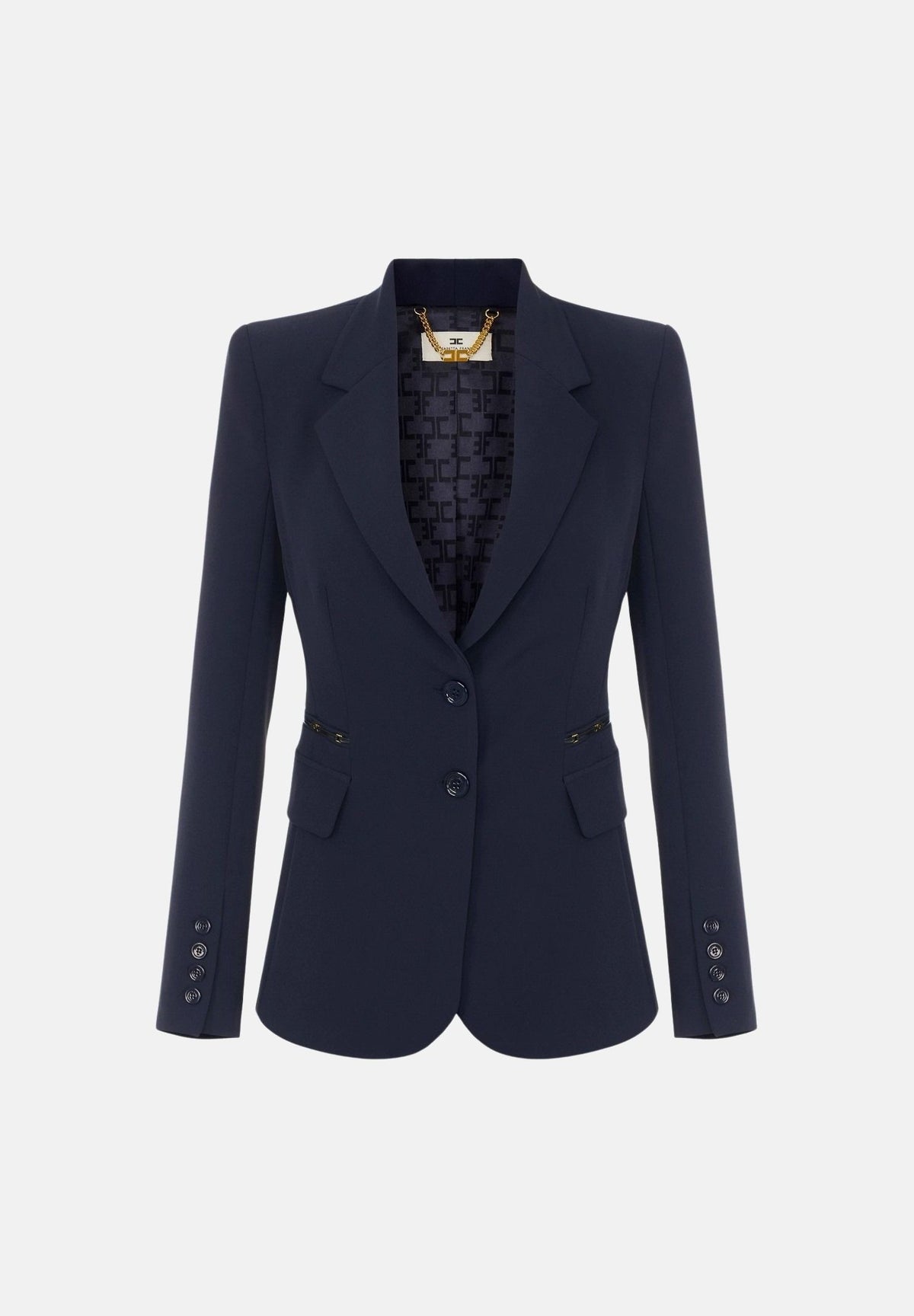ELISABETTA FRANCHI Giacca monopetto IN CRÊPE STRETCH blu-notte da donna con morsetti logo<BR/> GI27466E2 H88 ELISABETTA FRANCHI 