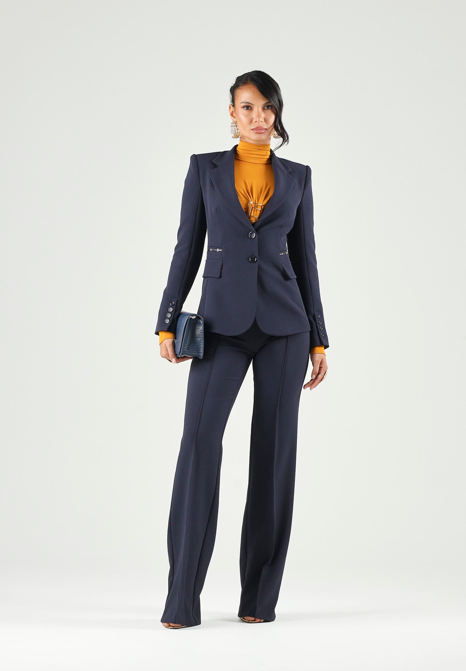 ELISABETTA FRANCHI Giacca IN CRÊPE STRETCH blu-notte da donna con morsetti logo<BR/> GI27466E2 H88 ELISABETTA FRANCHI 