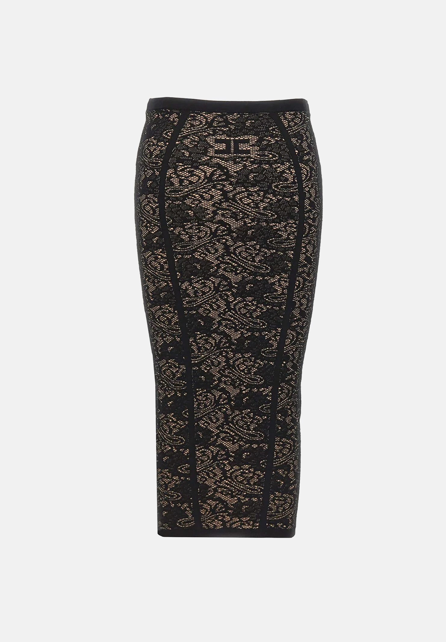 ELISABETTA FRANCHI Gonna TRICOT MOTIVO JACQUARD nera da donna con fantasia effetto pizzo a contrasto. GK12Q66E2 FR9 ELISABETTA FRANCHI 