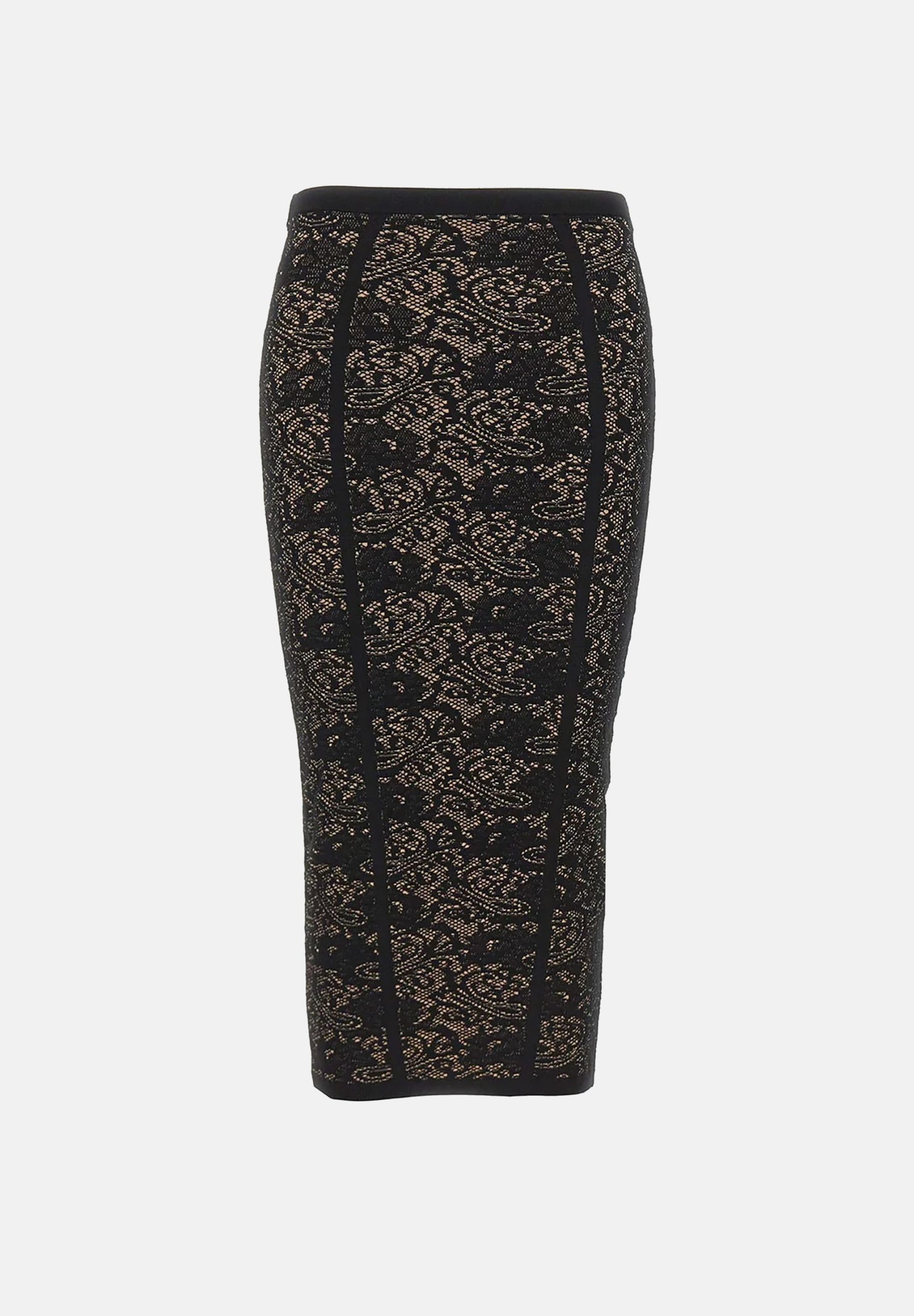 ELISABETTA FRANCHI Gonna TRICOT MOTIVO JACQUARD nera da donna con fantasia effetto pizzo a contrasto. GK12Q66E2 FR9 ELISABETTA FRANCHI 