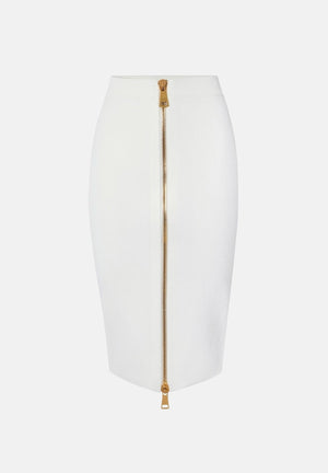 ELISABETTA FRANCHI Gonna midi avorio-bianco da donna con maxi zip frontale dorata.<BR/> GK28B66E2 360 ELISABETTA FRANCHI 