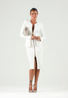 ELISABETTA FRANCHI Gonna midi avorio-bianco da donna con maxi zip frontale dorata.<BR/> GK28B66E2 360 ELISABETTA FRANCHI 