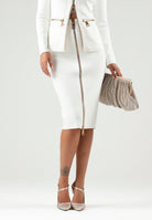 ELISABETTA FRANCHI Gonna midi avorio-bianco da donna con maxi zip frontale dorata.<BR/> GK28B66E2 360 ELISABETTA FRANCHI 