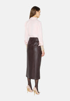 ELISABETTA FRANCHI Gonna midi dark chocolate marrone scuro da donna con drappeggi e fusciacca laterale.<BR/> GO21866E2 EV9 ELISABETTA FRANCHI 