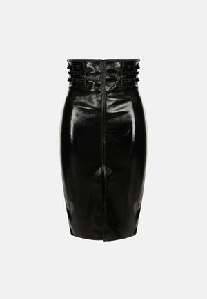 ELISABETTA FRANCHI Gonna midi nera da donna con vita alta arricciata e spacco frontale centrale. GO24167E2 110 ELISABETTA FRANCHI 