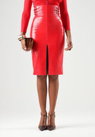 ELISABETTA FRANCHI Gonna midi red passion rossa da donna con vita alta arricciata e spacco frontale centrale. GO24167E2 CG5 ELISABETTA FRANCHI 
