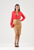ELISABETTA FRANCHI Gonna midi daino-cuoio per donna effetto pelle e profondo spacco frontale con zip. GO24467E2 AI6 ELISABETTA FRANCHI 