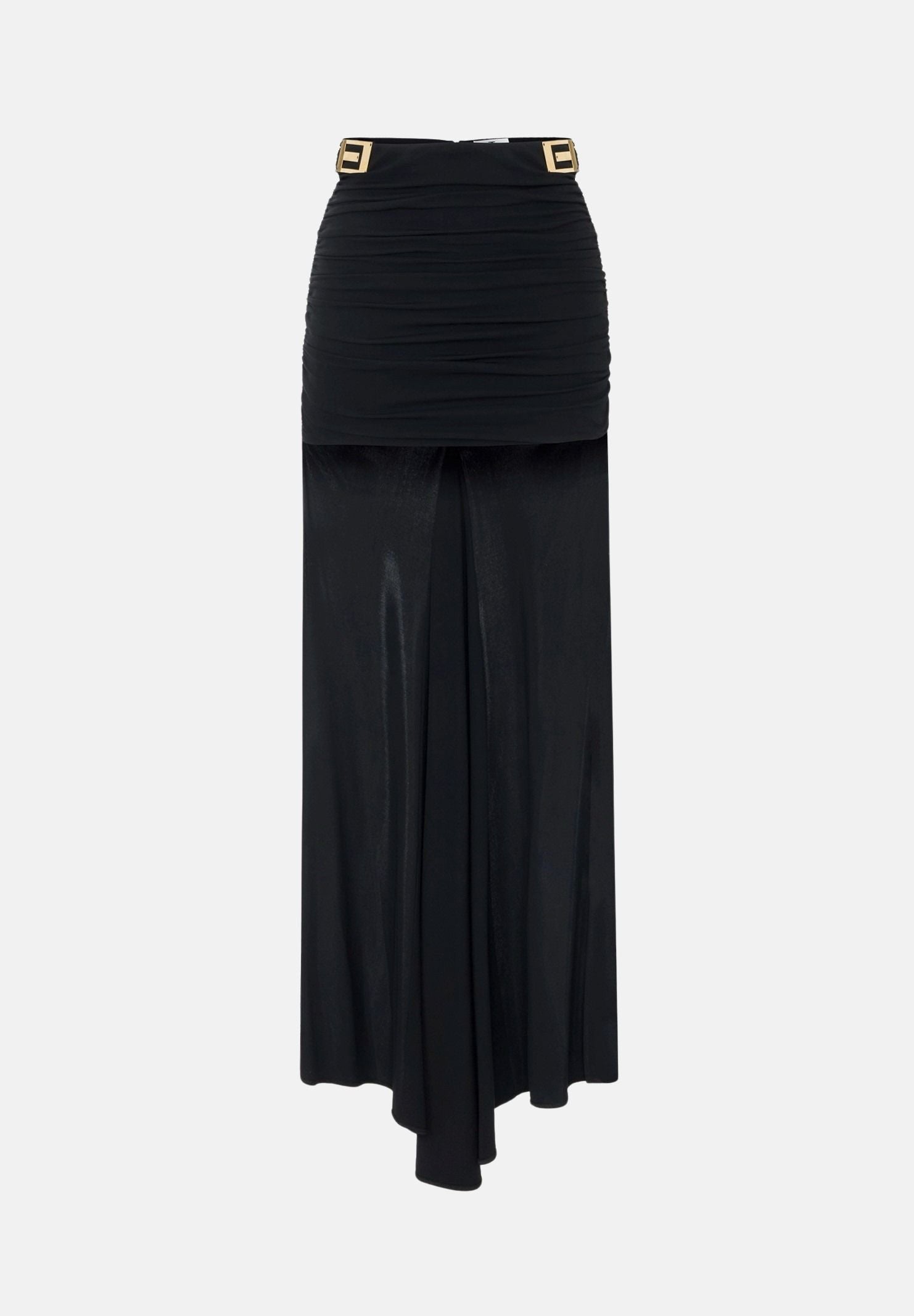 ELISABETTA FRANCHI Gonna in jersey nero da donna con drappeggio e dettagli logo dorati.<BR/> GO24867E2 110 ELISABETTA FRANCHI 