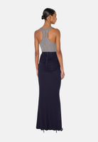 ELISABETTA FRANCHI Gonna lunga blu notte da donna con drappeggi e spacco anteriore.<BR/> GO25167E2 H88 ELISABETTA FRANCHI 