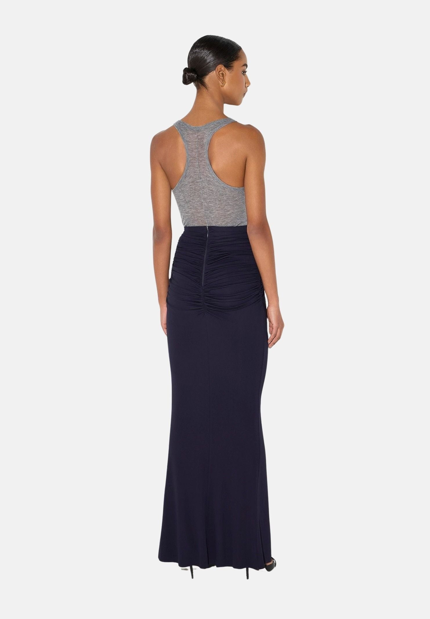 ELISABETTA FRANCHI Gonna lunga blu notte da donna con drappeggi e spacco anteriore.<BR/> GO25167E2 H88 ELISABETTA FRANCHI 