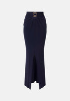 ELISABETTA FRANCHI Gonna lunga blu notte da donna con drappeggi e spacco anteriore.<BR/> GO25167E2 H88 ELISABETTA FRANCHI 