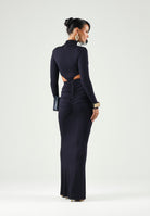 ELISABETTA FRANCHI Gonna lunga blu notte da donna con drappeggi e spacco anteriore.<BR/> GO25167E2 H88 ELISABETTA FRANCHI 
