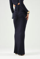 ELISABETTA FRANCHI Gonna lunga blu notte da donna con drappeggi e spacco anteriore.<BR/> GO25167E2 H88 ELISABETTA FRANCHI 