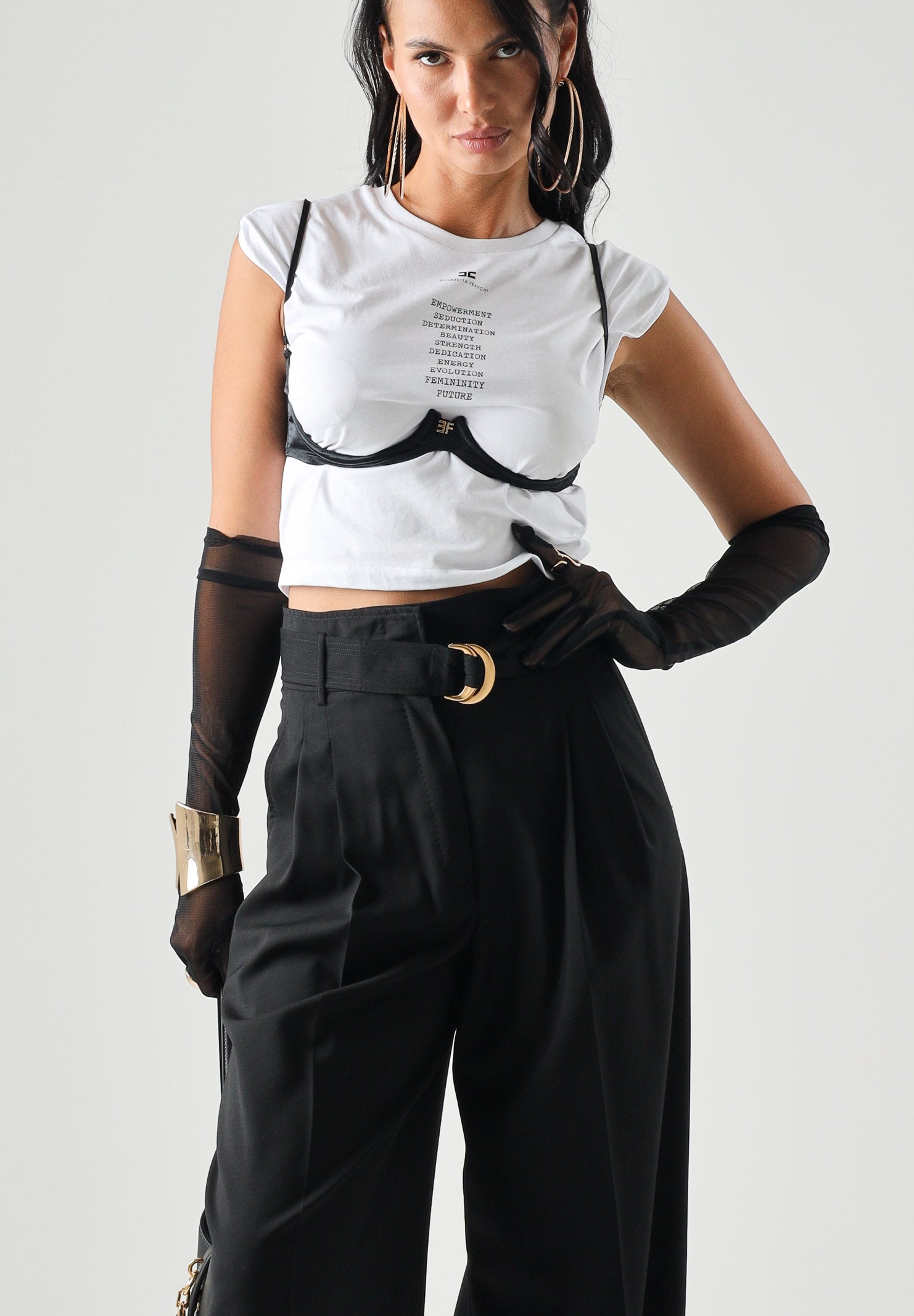 ELISABETTA FRANCHI T-shirt manica corta gesso bianco da donna con reggiseno applicato, stampa lettering<BR/> MA71P66E2 270 ELISABETTA FRANCHI 