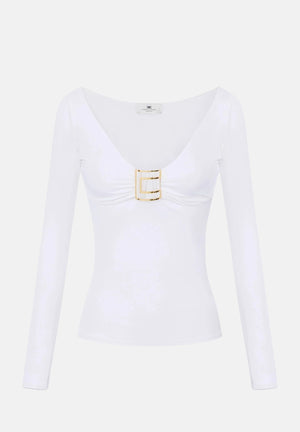 ELISABETTA FRANCHI Maglia scollo a V, avorio-bianco da donna con dettaglio gioiello centrale MD00567E2 360 ELISABETTA FRANCHI 