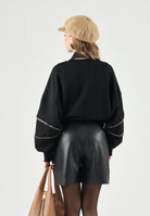 ELISABETTA FRANCHI Felpa girocollo nero da donna con monogramma frontale<BR/> MD05P66E2 110 ELISABETTA FRANCHI 